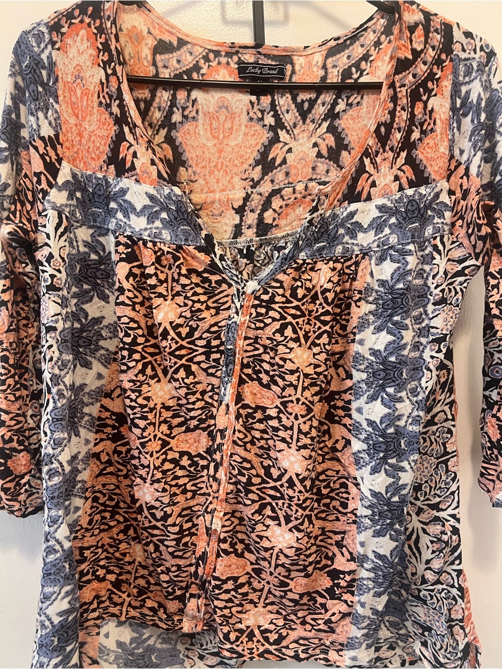 Lucky Brand Peach and Navy Mixed Print V-Neck Tunic